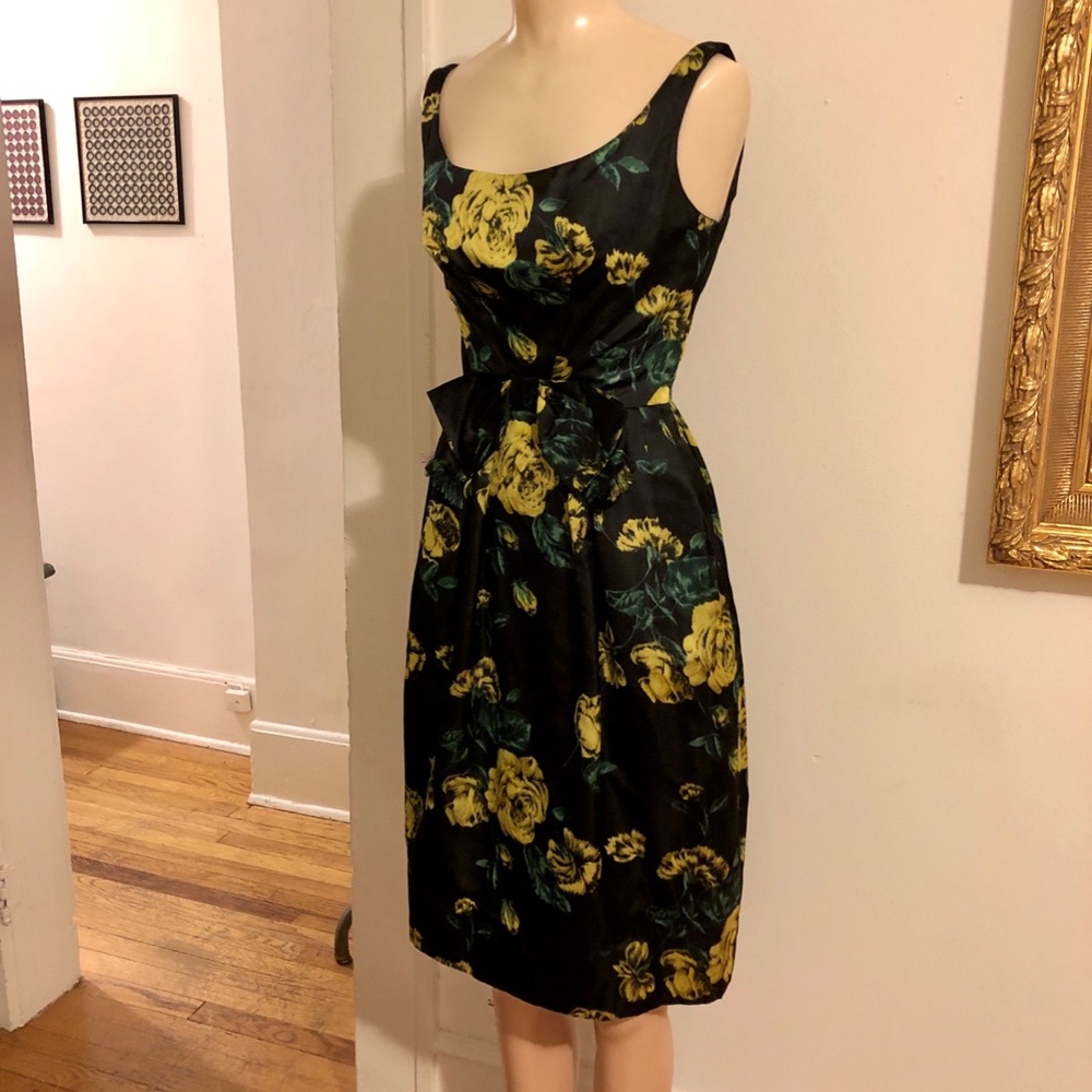 Vintage Mr. Mort 1960s Black Satin Floral Dress S